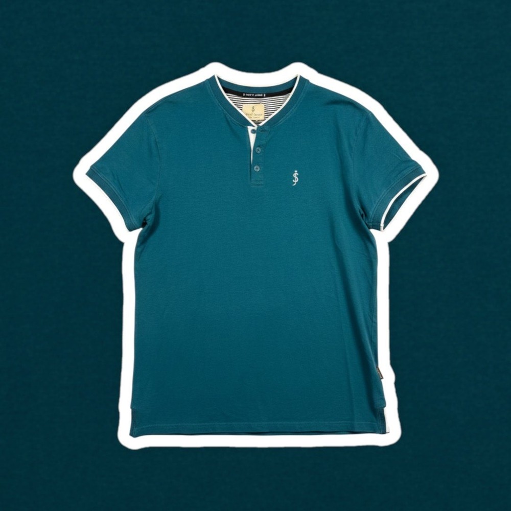 Scott James England Men Large Teal Contrast Trim Short Sleeve Henley Shirt 0493
